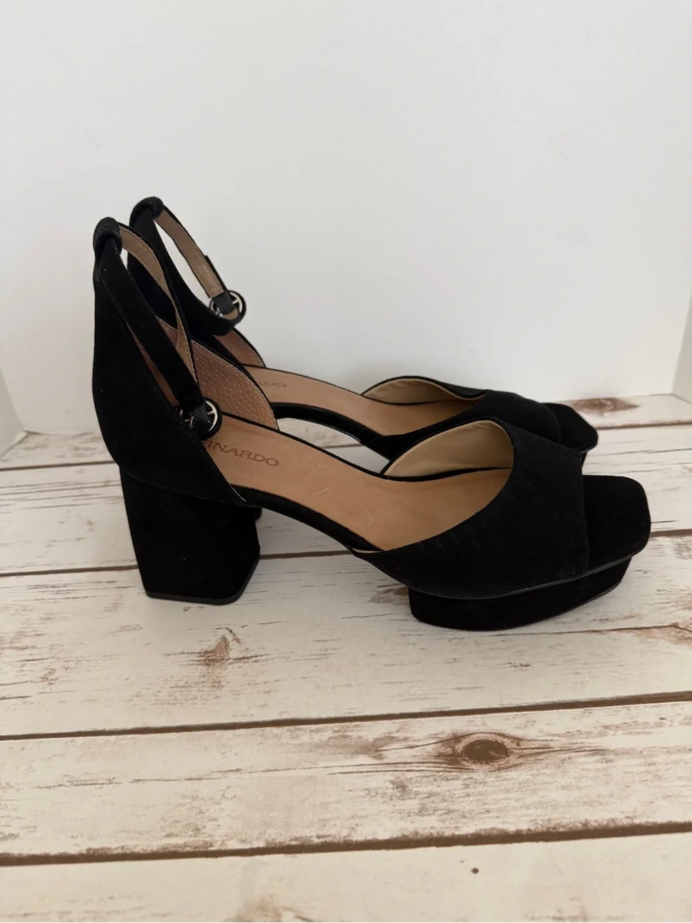 Bernardo Raleigh  Black Suede Platform Block Heel Ankle Strap Sandal
